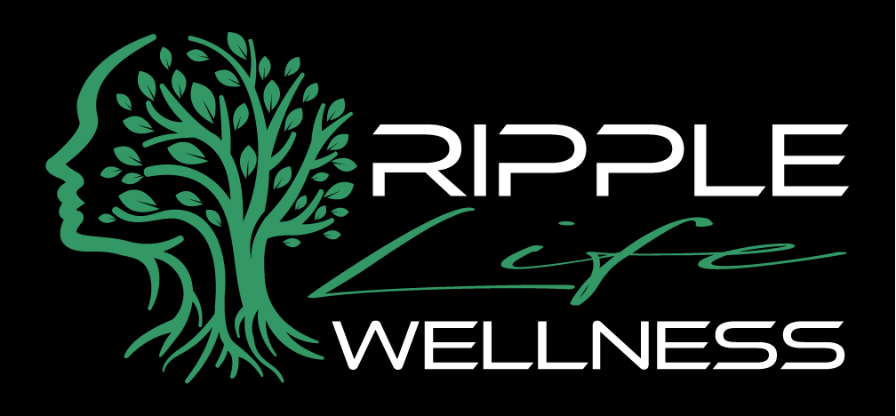 Ripple Wellness logo: a green tree forming a human profile on a black background, with white 'RIPPLE' and 'WELLNESS' and a green cursive 'life' text