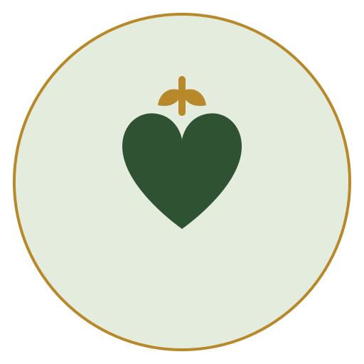 Dark green heart with a small gold crown above, centered inside a pale green circular badge with a gold border.
